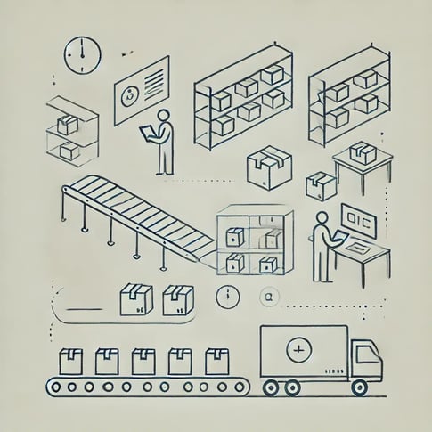 DALL·E 2024-11-07 14.05.42 - A simple, minimalist illustration of a streamlined fulfillment process. Depicts an organized warehouse setting with a few shelves, labeled boxes, and 