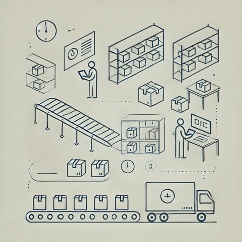 DALL·E 2024-11-07 14.05.42 - A simple, minimalist illustration of a streamlined fulfillment process. Depicts an organized warehouse setting with a few shelves, labeled boxes, and