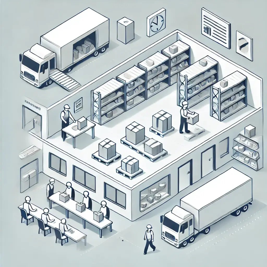 DALL·E 2024-11-18 10.59.22 - A simplified illustration of a modern fulfillment center with three main sections_ 1) Workers unloading goods and placing them on shelves (receiving a