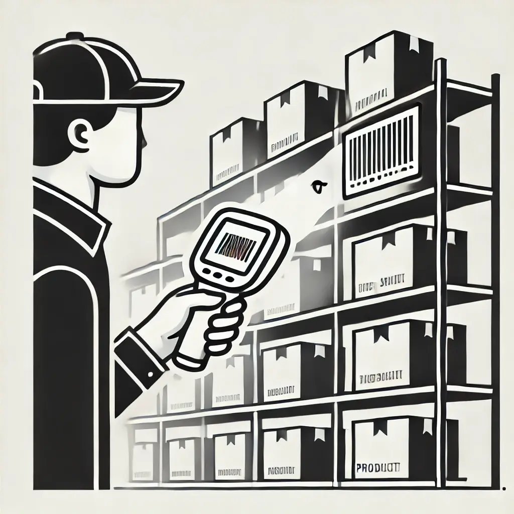 DALL·E 2024-11-18 11.02.13 - A simple and clear illustration of a worker using a handheld scanner to scan barcodes on product boxes, with shelves of organized inventory in the bac DALL·E 2024-11-18 11.02.13 - A simple and clear illustration of a worker using a handheld scanner to scan barcodes on product boxes, with shelves of organized inventory in the bac