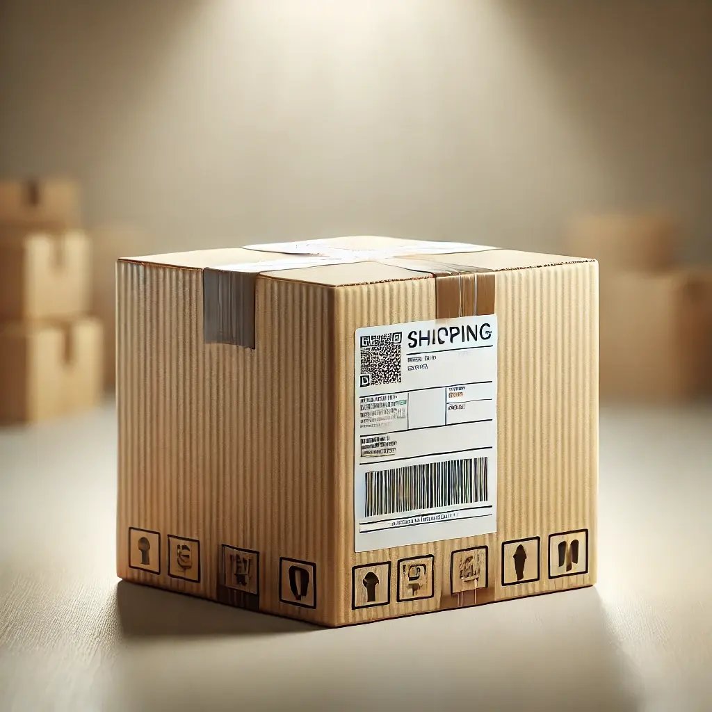 DALL·E 2024-11-18 14.51.48 - A realistic depiction of a cardboard shipping package ready for shipment, featuring clear labels, sturdy tape sealing, and a clean, professional appea