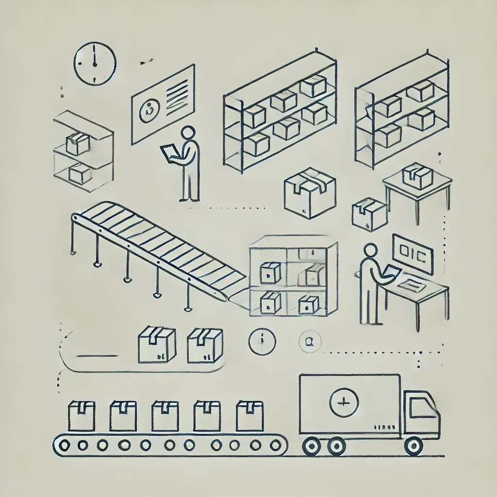 DALL·E 2024-11-07 14.05.42 - A simple, minimalist illustration of a streamlined fulfillment process. Depicts an organized warehouse setting with a few shelves, labeled boxes, and